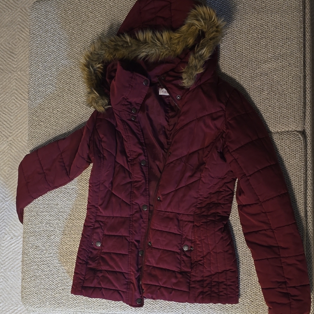 Women's Maroon Quilted Puffer Jacket with Faux Fur Hood